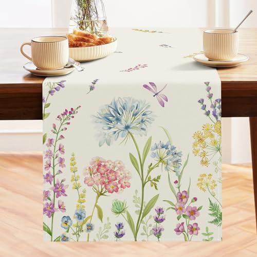 Bonhause Floral Table Runner 13x72 Inch Blue Purple Flowers Butterfly Seasonal Spring Summer Kitchen Dining Table Decoration for Indoor Outdoor Home Party Decor - Image 1