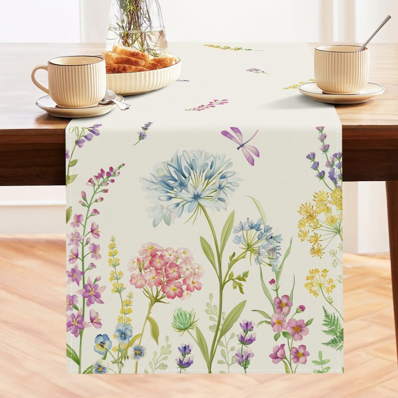 Bonhause Floral Table Runner 13x72 Inch Blue Purple Flowers Butterfly Seasonal Spring Summer Kitchen Dining Table Decoration for Indoor Outdoor Home Party Decor - Image 2