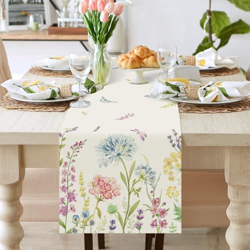 Bonhause Floral Table Runner 13x72 Inch Blue Purple Flowers Butterfly Seasonal Spring Summer Kitchen Dining Table Decoration for Indoor Outdoor Home Party Decor - Image 3
