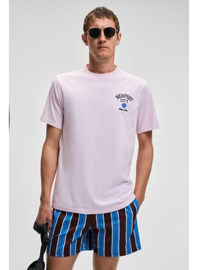 GRIMELANGE SONORA Men's Printed Detailed 100% Organic Cotton Regular Fit Short Sleeve Pink T-Shirt.