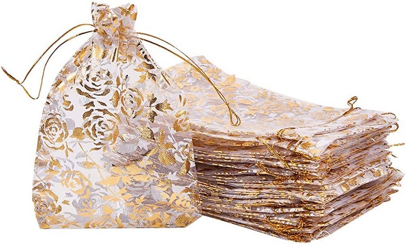brown leaf 7X9 Cm Baby Pink Small Printed Organza Potli Bags Jewellery Pouch Best for Wedding Diwali Party Supply Birthday Return Gifting Bags - Image 1