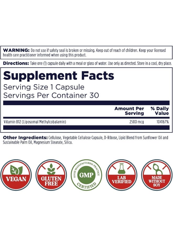 KAL Liposomal Vitamin B12 2500 mcg, High Absorption, Liposomal Technology, Cellular Energy Support, Vegan Capsules, Gluten Free, Made Without Soy, 30 Servings - Image 3