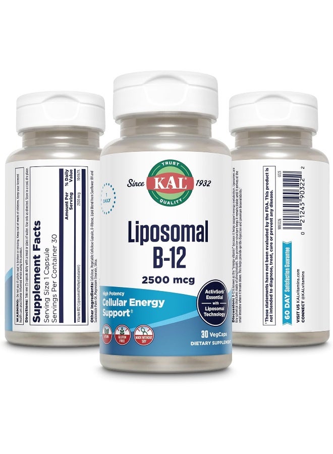 KAL Liposomal Vitamin B12 2500 mcg, High Absorption, Liposomal Technology, Cellular Energy Support, Vegan Capsules, Gluten Free, Made Without Soy, 30 Servings - Image 2