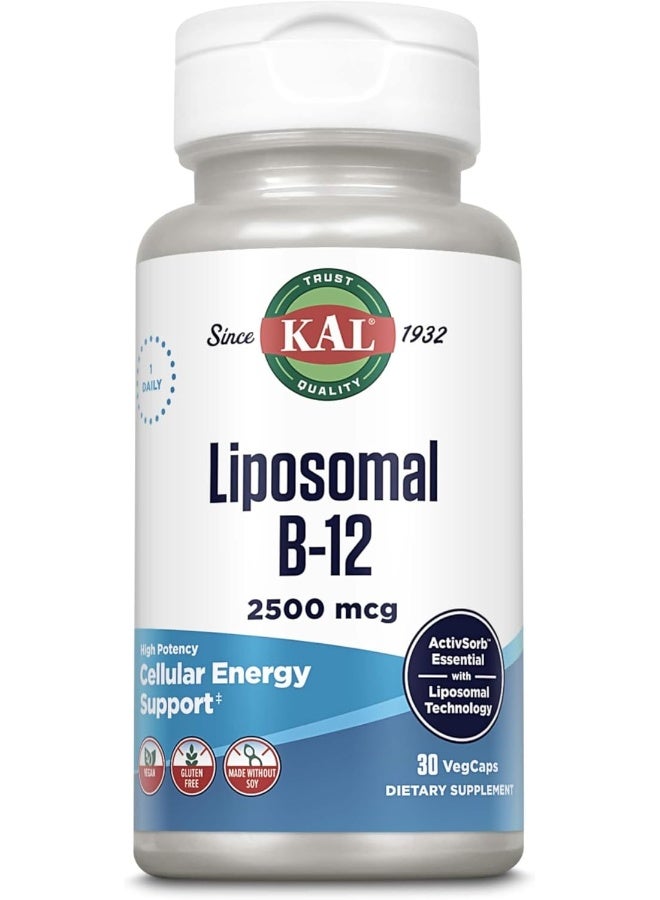 KAL Liposomal Vitamin B12 2500 mcg, High Absorption, Liposomal Technology, Cellular Energy Support, Vegan Capsules, Gluten Free, Made Without Soy, 30 Servings - Image 1