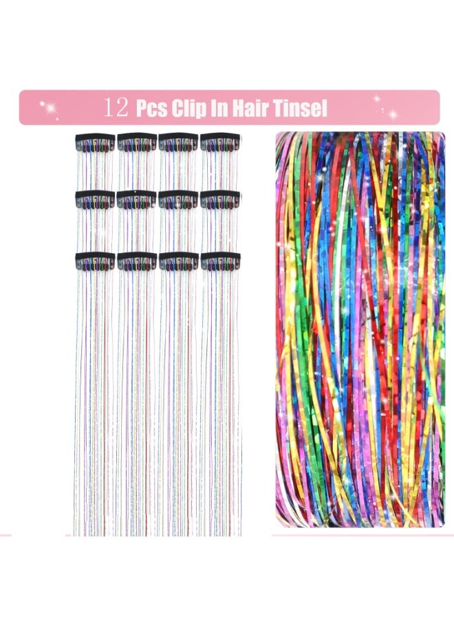 Hair Tinsel Clip in Pack of 12 Pcs Glitter Extensions 20 Inch Fairy Sparkling Accessories for Girls Kids Women - Image 4
