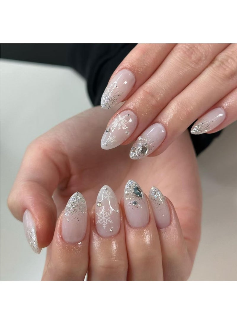 JOSQUEWNN Press on nails,French Glitter Christmas Wearable Fake Nails, 24 Snowflake Rhinestone Nail Pieces, Perfectly Showcasing Holiday Charm, Fake Acrylic Nails With Glue Kit. - Image 1
