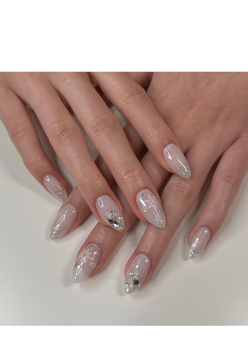 JOSQUEWNN Press on nails,French Glitter Christmas Wearable Fake Nails, 24 Snowflake Rhinestone Nail Pieces, Perfectly Showcasing Holiday Charm, Fake Acrylic Nails With Glue Kit. - Image 2