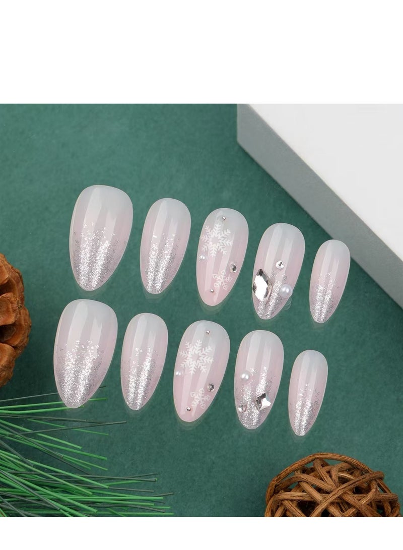JOSQUEWNN Press on nails,French Glitter Christmas Wearable Fake Nails, 24 Snowflake Rhinestone Nail Pieces, Perfectly Showcasing Holiday Charm, Fake Acrylic Nails With Glue Kit. - Image 4
