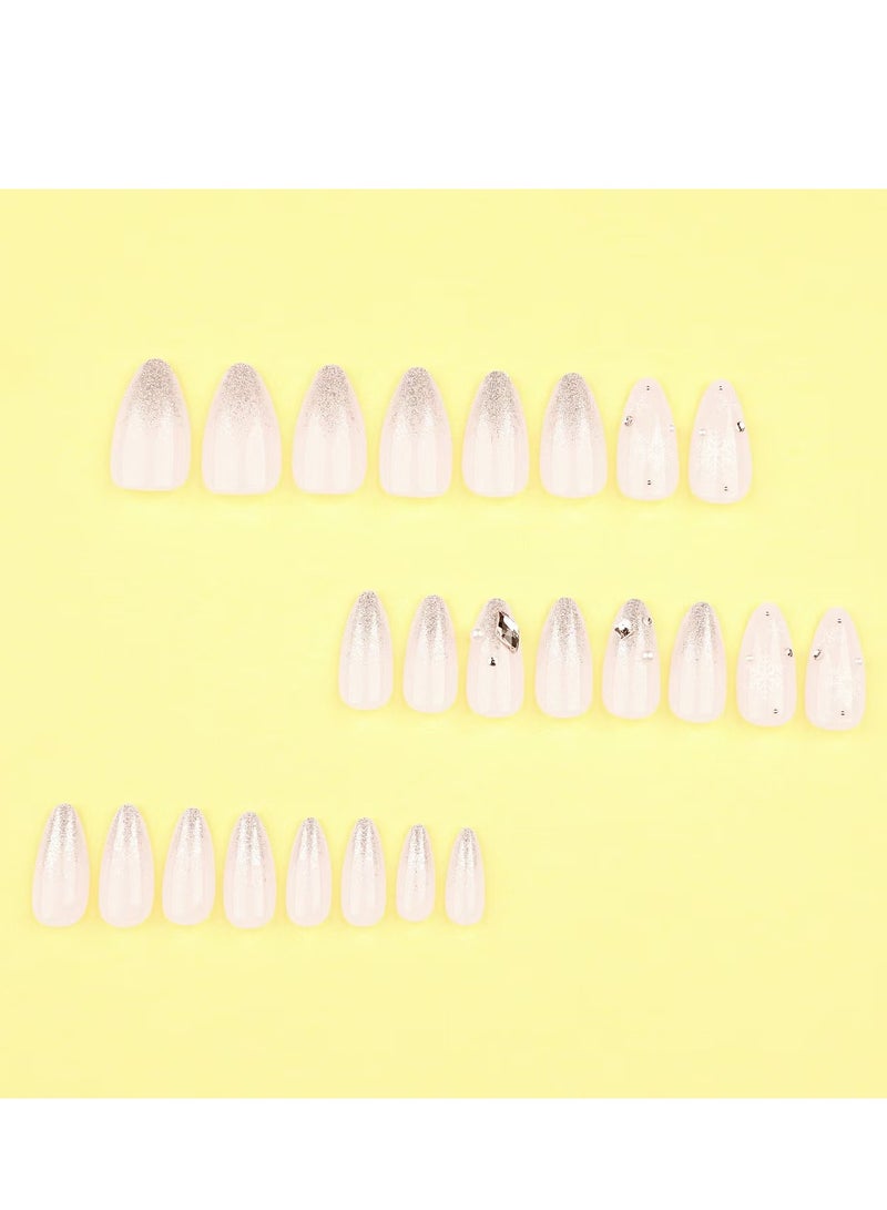 JOSQUEWNN Press on nails,French Glitter Christmas Wearable Fake Nails, 24 Snowflake Rhinestone Nail Pieces, Perfectly Showcasing Holiday Charm, Fake Acrylic Nails With Glue Kit. - Image 5