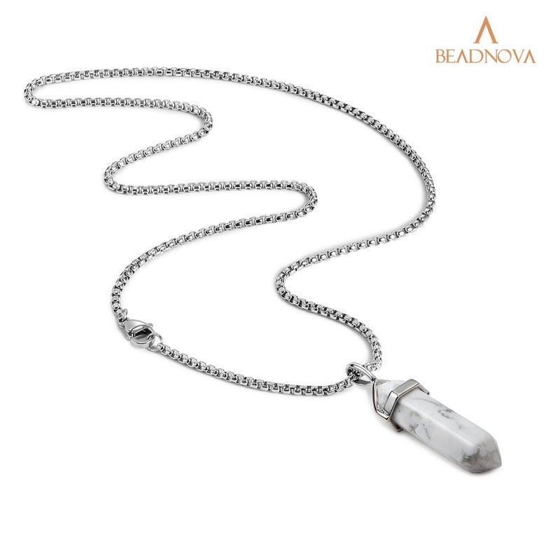 BEADNOVA White Howlite Necklace Gemstone Crystal Necklace for Women Healing Stone pendant Jewelry for Men Pendulum Divination Hexagonal pendant (18 Inches Stainless Steel Chain) - Image 2