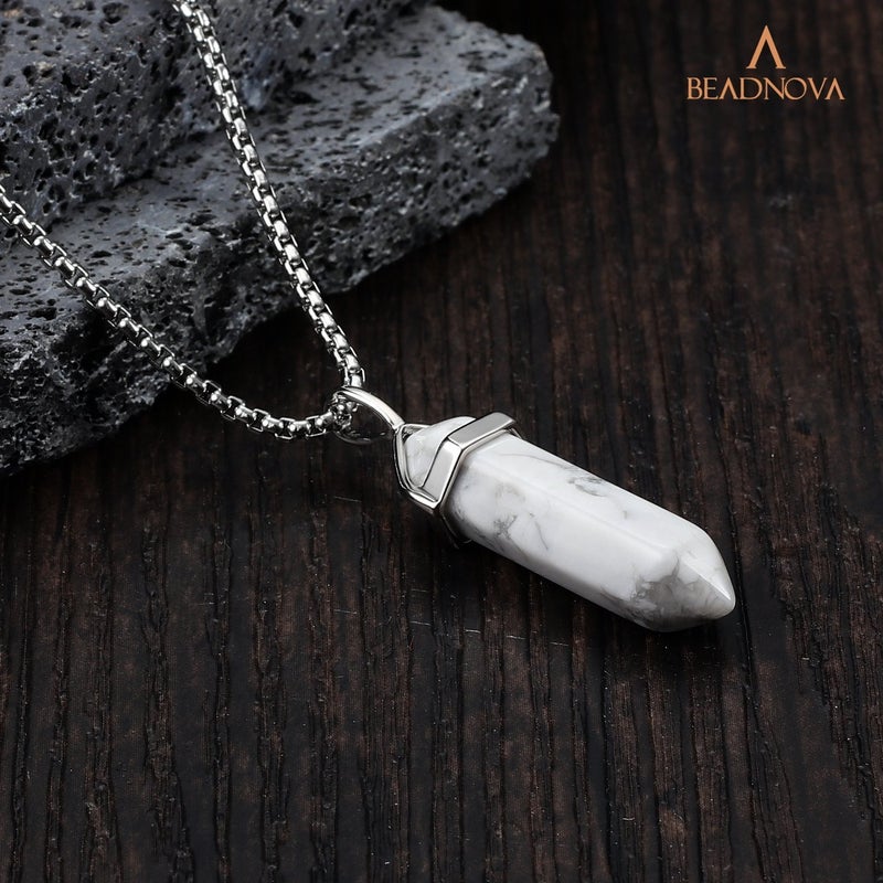 BEADNOVA White Howlite Necklace Gemstone Crystal Necklace for Women Healing Stone pendant Jewelry for Men Pendulum Divination Hexagonal pendant (18 Inches Stainless Steel Chain) - Image 5