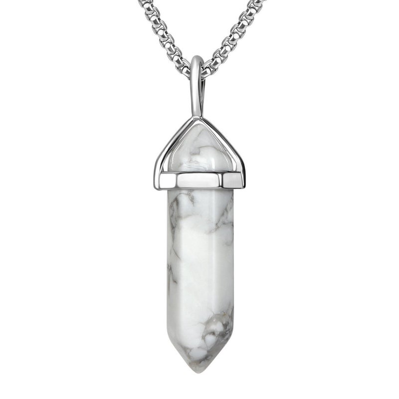 BEADNOVA White Howlite Necklace Gemstone Crystal Necklace for Women Healing Stone pendant Jewelry for Men Pendulum Divination Hexagonal pendant (18 Inches Stainless Steel Chain) - Image 1