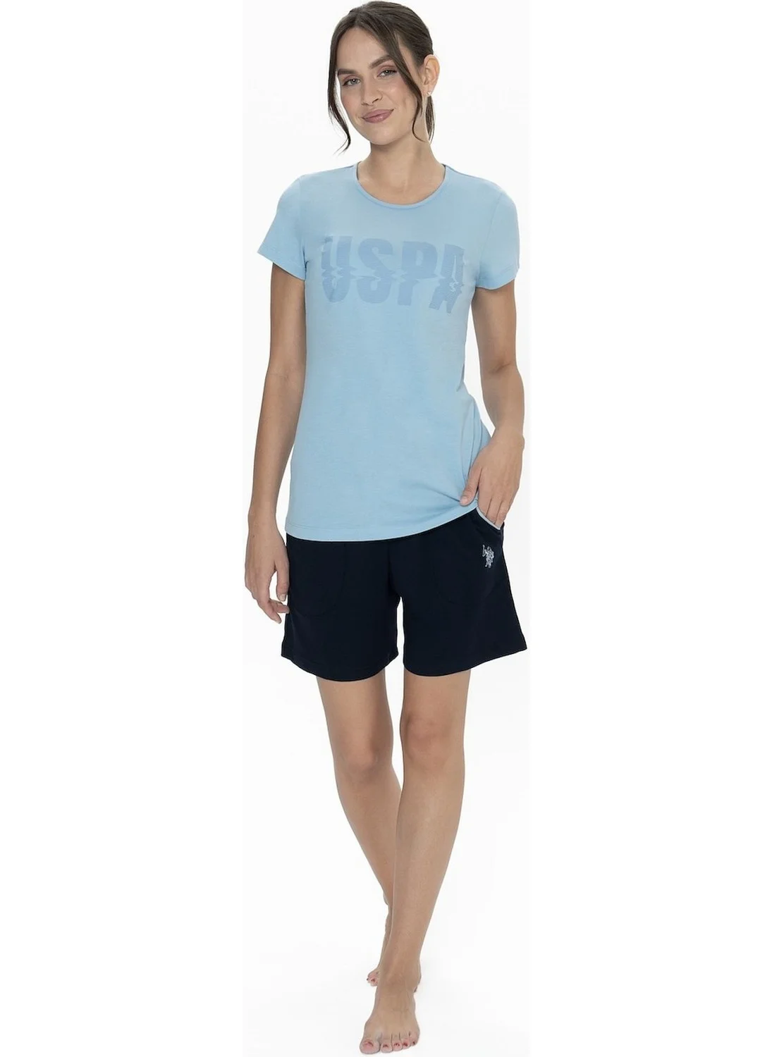 يو اس بولو اسن 20011 Women's Short Sleeve Crew Neck Shorts Pajama Set-Blue