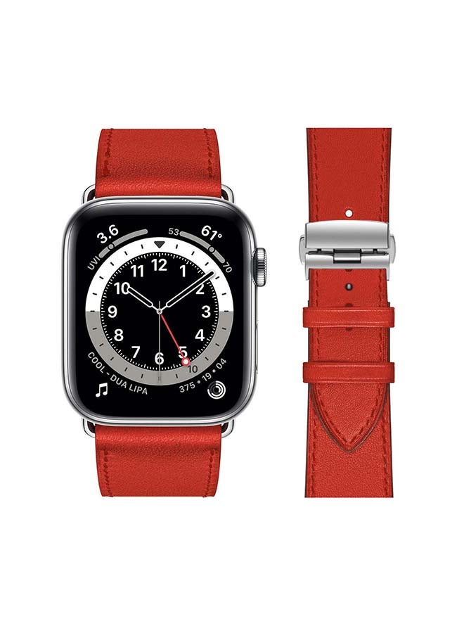 Perfii Genuine Leather Replacement Band with Silver Buckle for Apple Watch Series 6/SE/5/4/3/2/1 44/42mm Supreme Red - Image 2