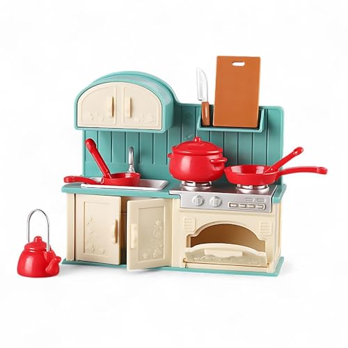 OLEOCA Family Dollhouse Kitchen Set Miniature Stove Sink Oven with Frying Pan Saucepan Kettle Utensils Cutting Board Dollhouse Furniture Accessories for Ages 3 - Image 1
