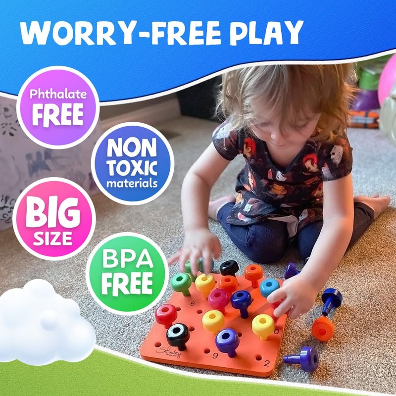 Skoolzy Peg Board Set - Montessori Toys for 2 Year Old - 33 Pc Peg Board for Kids - Occupational Therapy Toys with Pegs, Dice, Lacing String & Storage Bag - Montessori Toys for 2+ Year Old - Image 5