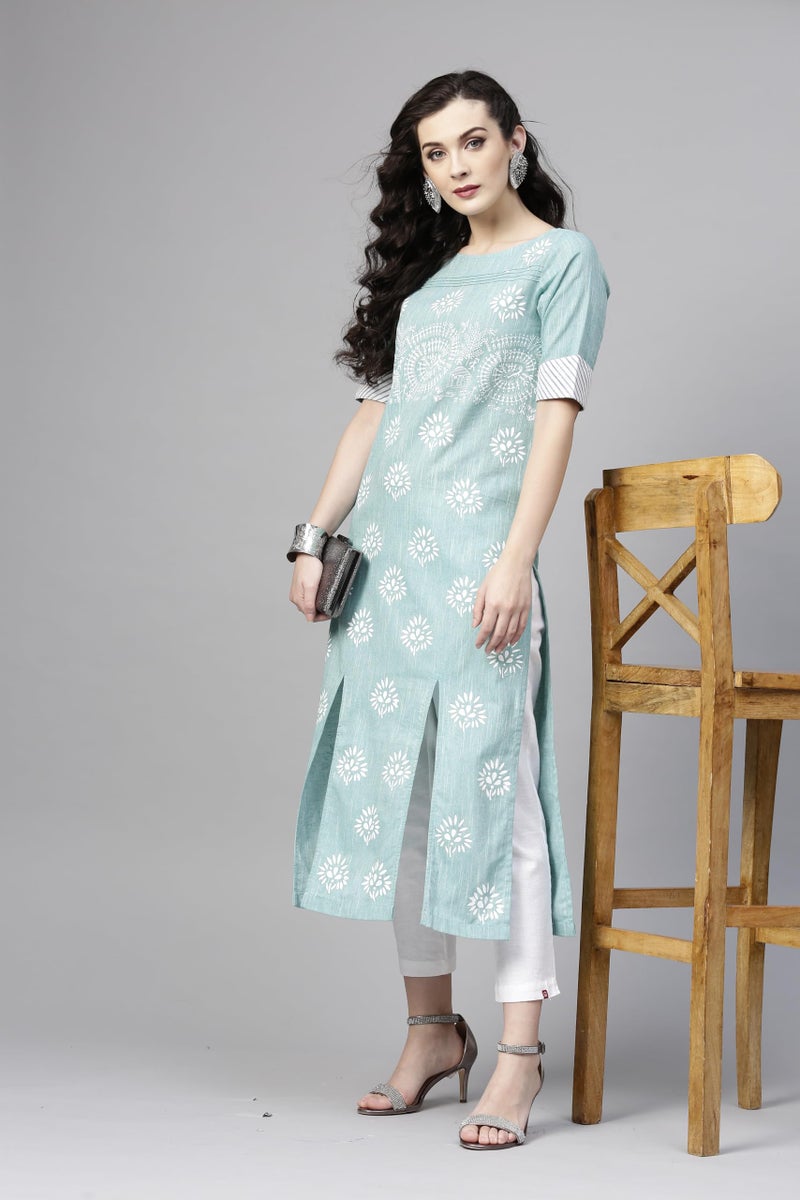 Pannkh Women's Pintuck Style Printed Chambray Kurta Elegant Cotton Kurti with Ethnic Motifs Ideal for Office or Festive Casual - Image 3