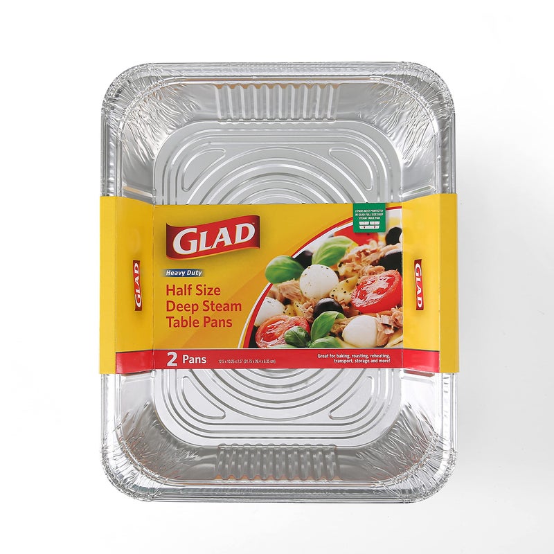 Glad Disposable Half Size Aluminum Steam Pans, Deep Heavy Duty Foil Pans for Steaming, Baking, Roasting, Meal Prep, Catering & Freezer Storage, 12.5 x 10.25 x 2.5 Inch, 2 Count - Image 2