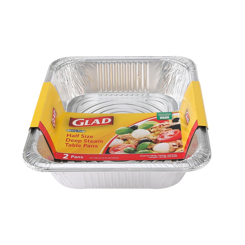Glad Disposable Half Size Aluminum Steam Pans, Deep Heavy Duty Foil Pans for Steaming, Baking, Roasting, Meal Prep, Catering & Freezer Storage, 12.5 x 10.25 x 2.5 Inch, 2 Count - Image 1