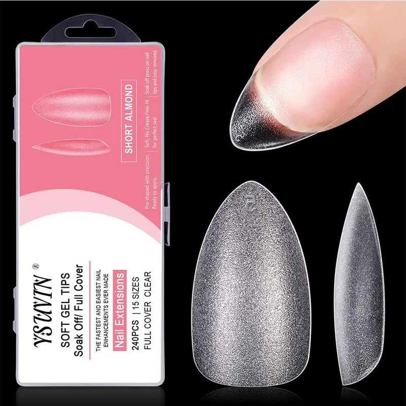 Yueshop Soft Gel Full Cover Matte Nail Tips 240PCS Short Almond Gelly Clear Break Resistant Kit 15 Sizes for DIY Manicure Nail Art Salon