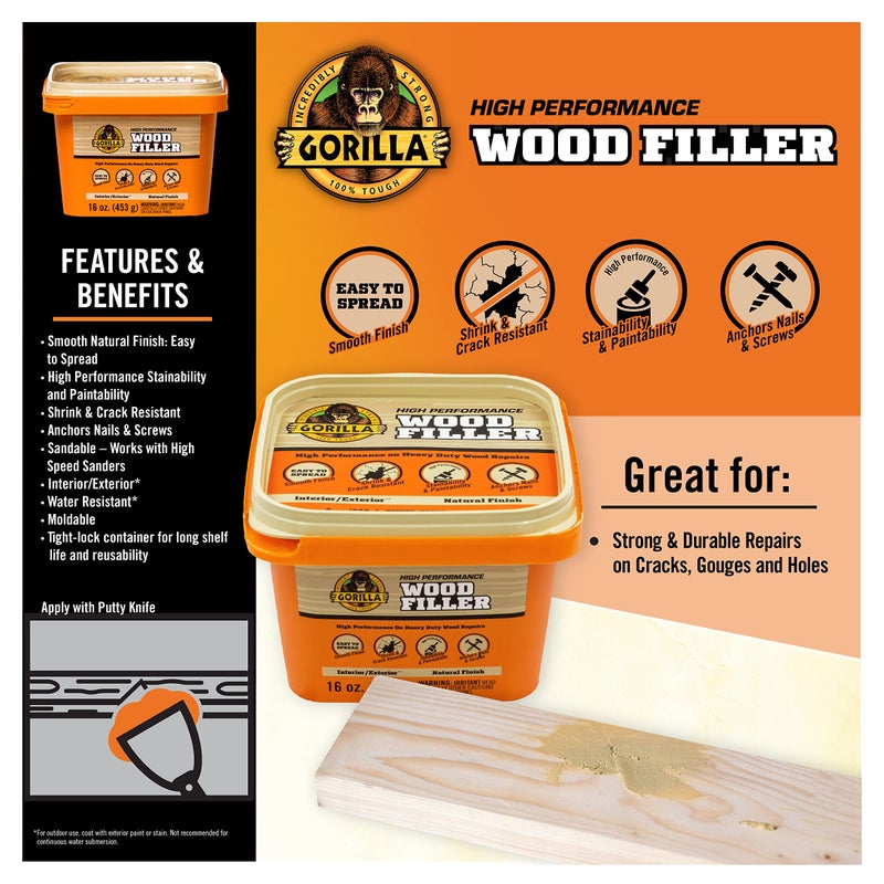 Gorilla All Purpose Wood Filler, Natural Finish, 16 Ounce Tub (Pack of 1) - Water Resistant for Indoor or Outdoor Projects and Repairs - Image 2