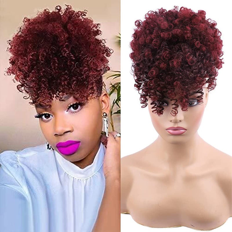 ENTRANCED STYLES Drawstring Ponytail with Bangs  Afro Puff Extensions for Women  Short Curly Clip in Wrap Updo Hairpiece TBUG