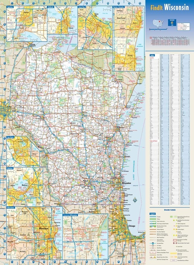 Globe Turner Wisconsin State Wall Map - 18.5" x 20.75" (Laminated) - Image 1