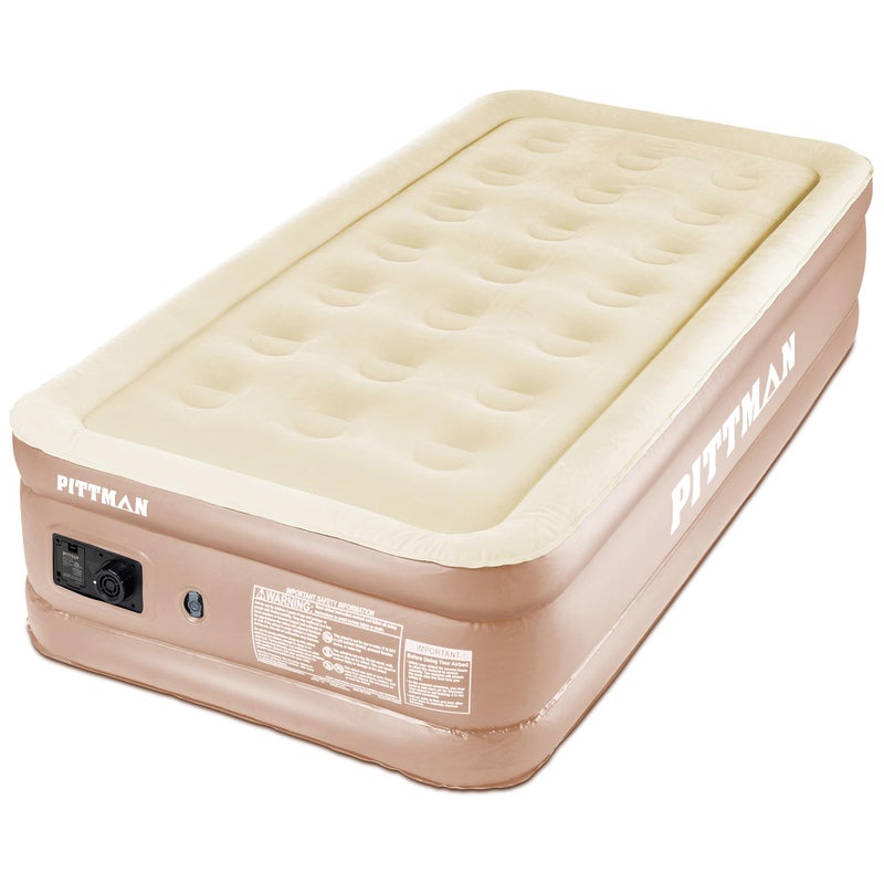 Pittman Outdoors Pittman Outdoors Comfort Series Indoor Air Mattress with Builtin Electrical Air Pump Twin 18Inches Tall Tan 