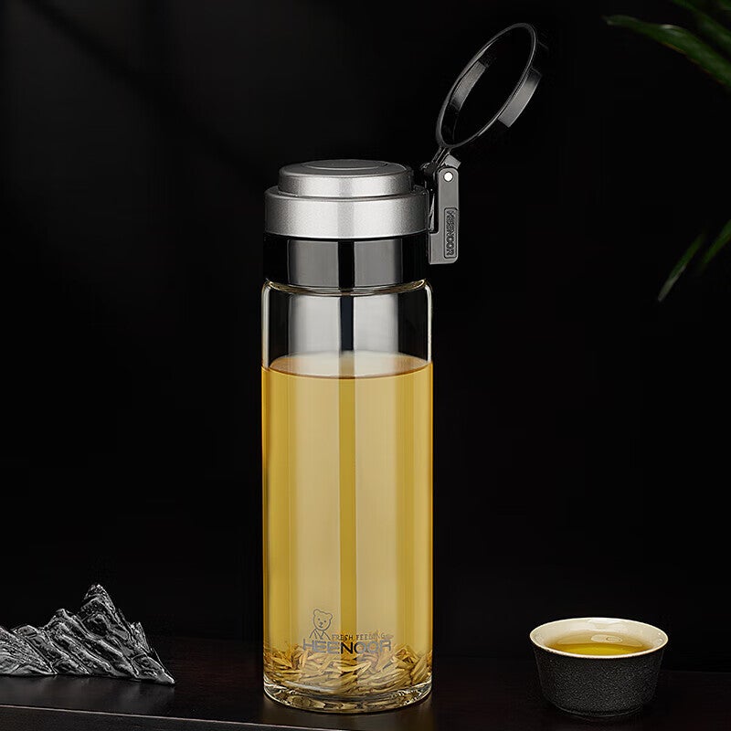 HEENOOR كوب زجاجي طبقة واحدة ، سعة كبيرة ، محمول ، مع مقبض ، زجاجة ماء رياضية للرجال ، كوب شاي مصفى ، XN-9076 ، 695 مل - Image 3