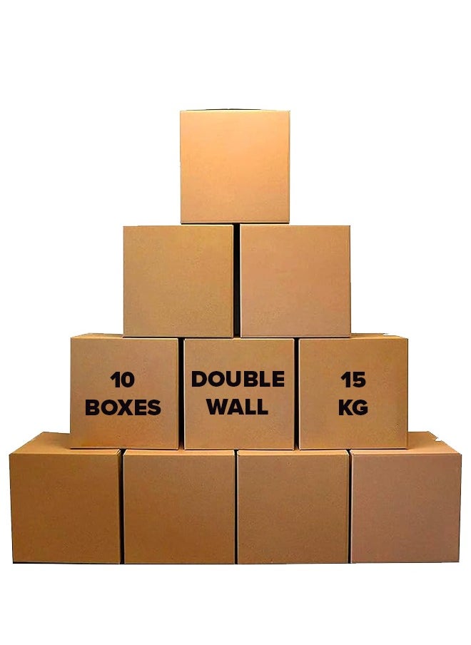 Noon East - 10-Pack Small Double Wall 100% Recyclable Corrugated Cardboard Moving Boxes with 15 KG capacity, 41 x 33 x 33 cm Brown Carton for Packaging, Shipping and Storage, 5 ply - Image 1