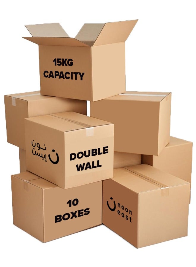 Noon East - 10-Pack Small Double Wall 100% Recyclable Corrugated Cardboard Moving Boxes with 15 KG capacity, 41 x 33 x 33 cm Brown Carton for Packaging, Shipping and Storage, 5 ply - Image 1