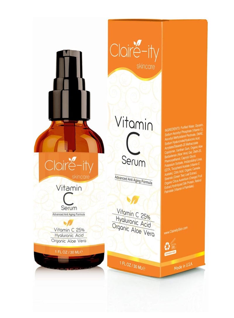 Claire-ity 25 percent Vitamin C Serum with Hyaluronic Acid and Vitamin E, Best Organic Anti-Aging Moisturizer Serum for Face, Neck & Decollete(1 fl. oz) - Image 1
