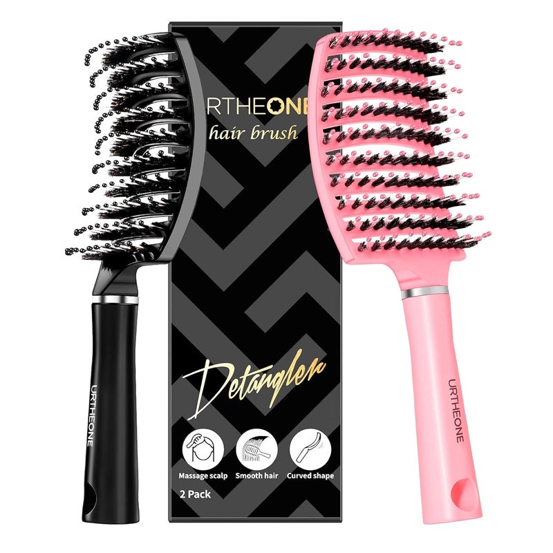 Hair BrushURTHEONE Detangling Hairbrush Boar Bristle Curved Vented Hair Brush for Women Men Kids Curly Thick Long Short Wet or Dry Hair Faster Blow Drying2Pack BlackPink