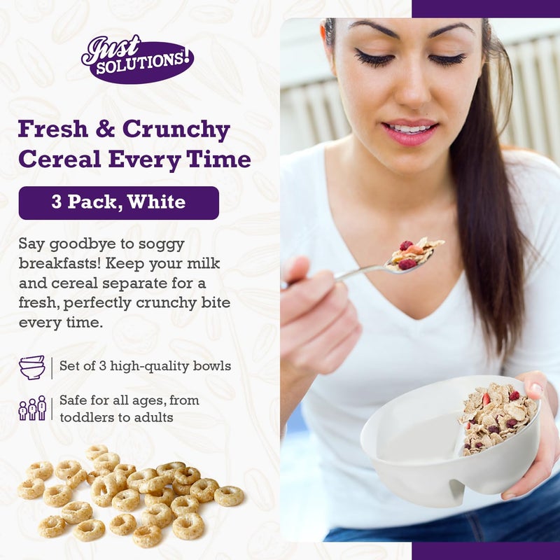 Just Solutions 3 Pack  Just Crunch AntiSoggy Cereal Bowl  Keeps Cereal Fresh  Crunchy  BPA Free  Microwave Safe  Ice Cream  Topping Yogurt  Berries Fries  Ketchup and More  White Large - Image 2