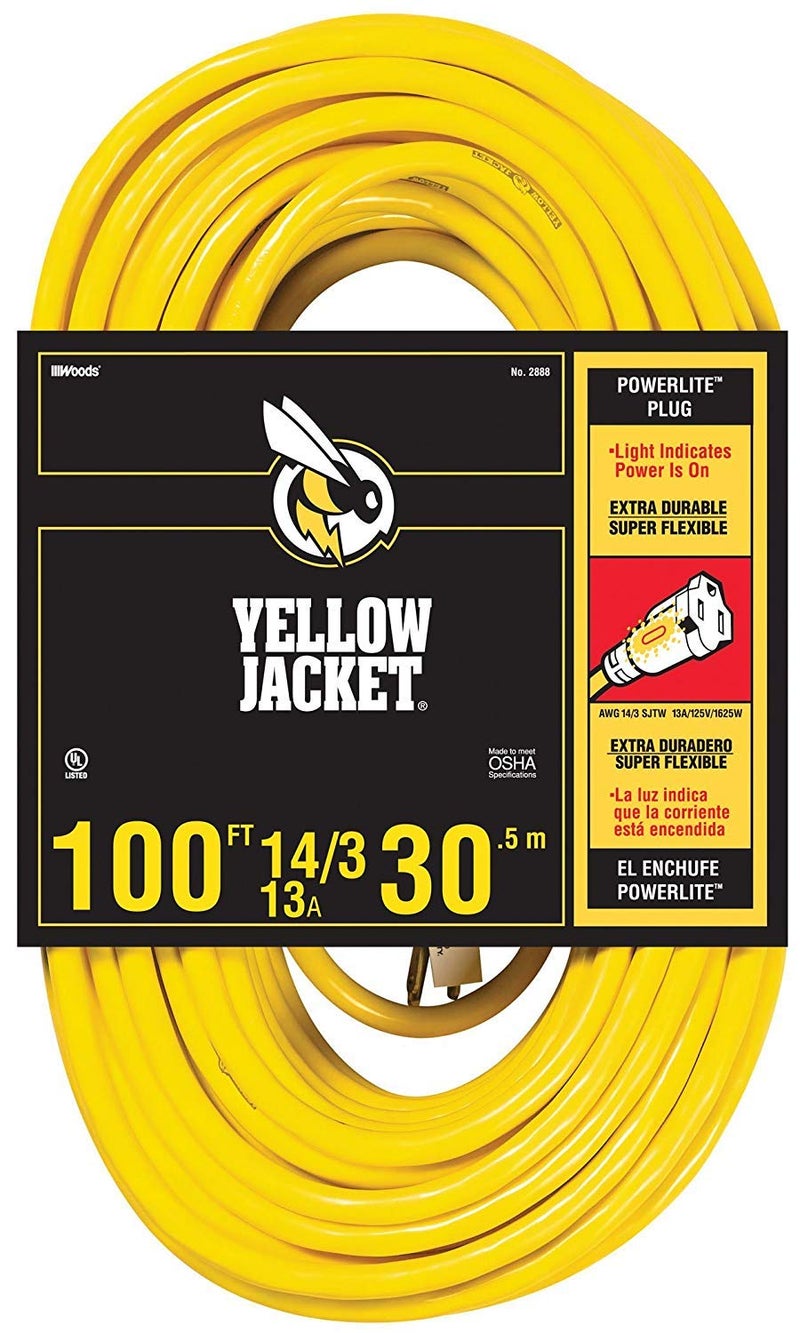 Southwire Yellow Jacket Heavy Duty Extension Cord Outdoor Power for Tools Equipment Lighted End with SJTW Jacket Three Prong Plug 100 Foot