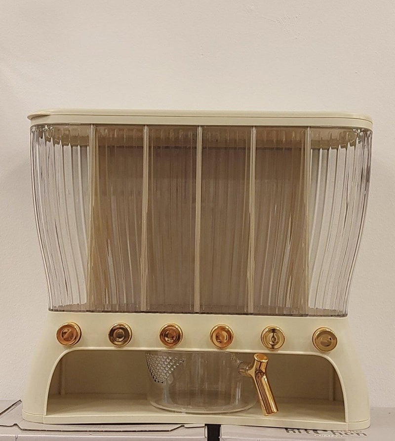 Cereal Dispenser 6 Compartments, Clear with Beige Base, Gold Buttons, Kitchen Storage Container - Image 1
