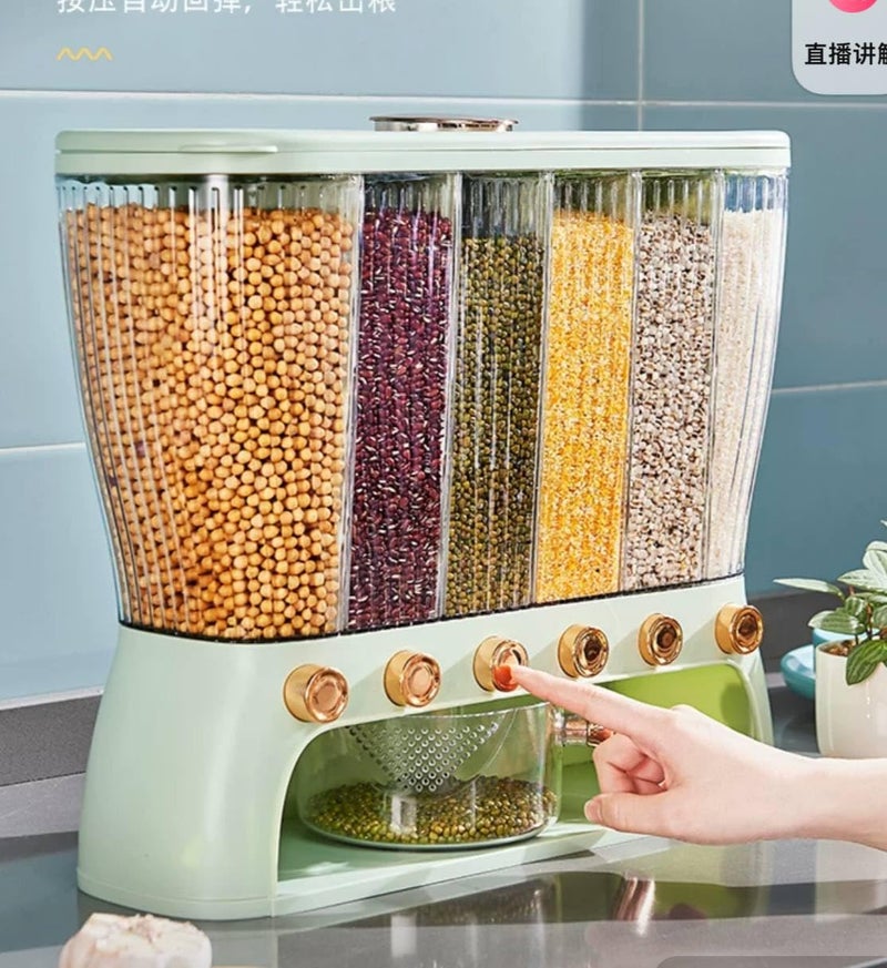 Cereal Dispenser 6 Compartments, Clear with Beige Base, Gold Buttons, Kitchen Storage Container - Image 2