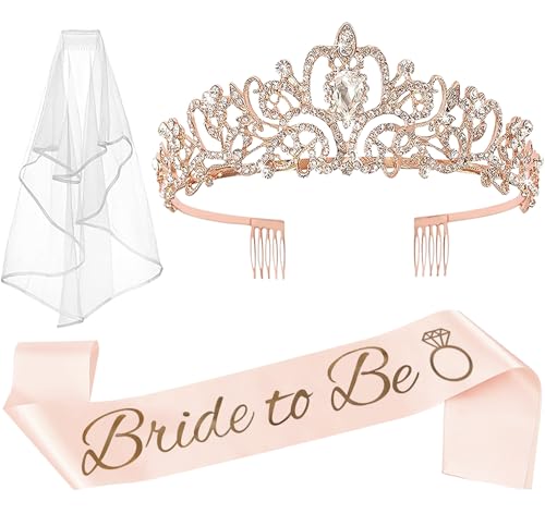 JETKONG 3 Pcs Bachelorette Party Decorations Bridal Shower Crown, Bride to Be Sash&Veil for Women Bachelorette Party Gifts, Bachelorette Party Supplies, Gifts, Favors (Rose Gold) - Image 1