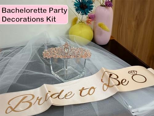 JETKONG 3 Pcs Bachelorette Party Decorations Bridal Shower Crown, Bride to Be Sash&Veil for Women Bachelorette Party Gifts, Bachelorette Party Supplies, Gifts, Favors (Rose Gold) - Image 4