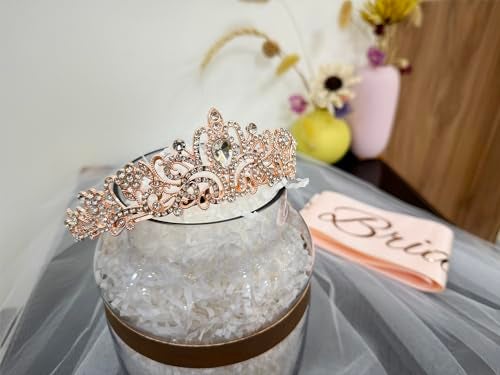 JETKONG 3 Pcs Bachelorette Party Decorations Bridal Shower Crown, Bride to Be Sash&Veil for Women Bachelorette Party Gifts, Bachelorette Party Supplies, Gifts, Favors (Rose Gold) - Image 2