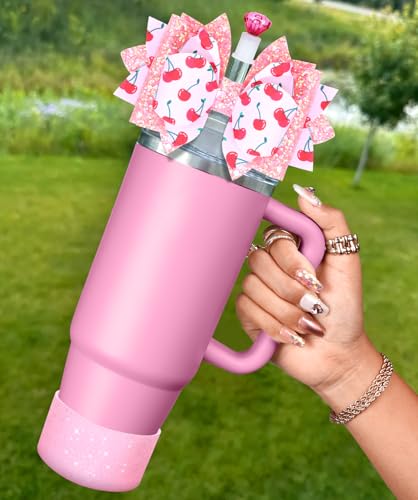 Toykee Bow Cup Accessories for Stanley 40 30 oz - Cute Pink Cherry Bowknot Lid Topper and Diamond Straw Cover Cap with Boot Bottom Protector 3 PCS Sets Glitter Decoration for Tumbler - Image 1