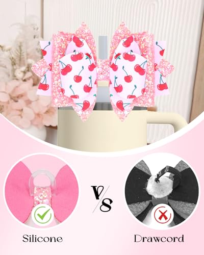 Toykee Bow Cup Accessories for Stanley 40 30 oz - Cute Pink Cherry Bowknot Lid Topper and Diamond Straw Cover Cap with Boot Bottom Protector 3 PCS Sets Glitter Decoration for Tumbler - Image 3
