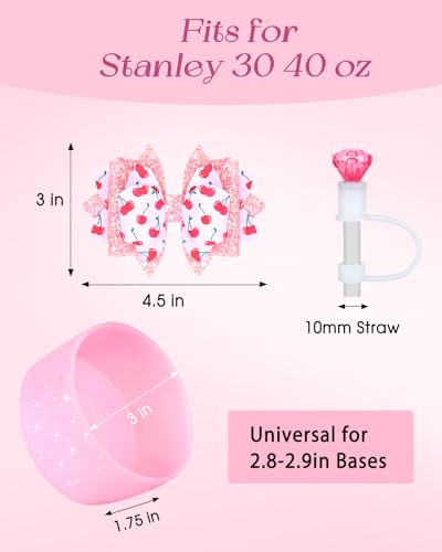 Toykee Bow Cup Accessories for Stanley 40 30 oz - Cute Pink Cherry Bowknot Lid Topper and Diamond Straw Cover Cap with Boot Bottom Protector 3 PCS Sets Glitter Decoration for Tumbler - Image 2