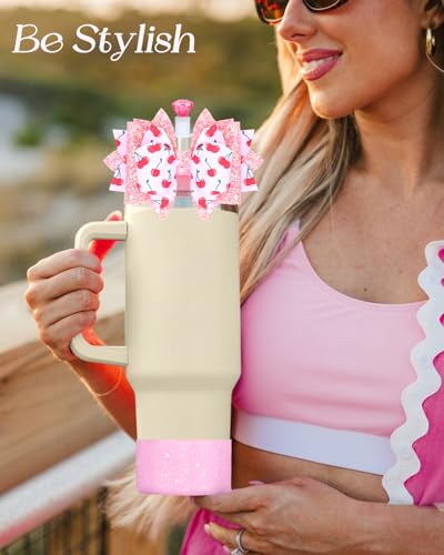Toykee Bow Cup Accessories for Stanley 40 30 oz - Cute Pink Cherry Bowknot Lid Topper and Diamond Straw Cover Cap with Boot Bottom Protector 3 PCS Sets Glitter Decoration for Tumbler - Image 5