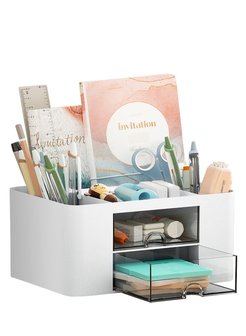 MIXDE Desk Organizer with Drawer, Multi-Functional Pen Pencil Holder Storage Box for Desk, Desk Organizers and Accessories with 5 Compartments + 2 Drawer for Office Art Supplies - Image 1