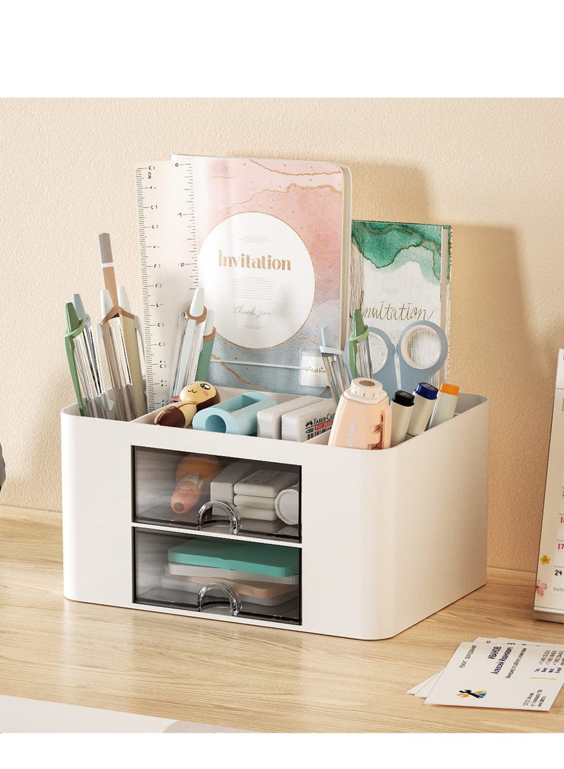 MIXDE Desk Organizer with Drawer, Multi-Functional Pen Pencil Holder Storage Box for Desk, Desk Organizers and Accessories with 5 Compartments + 2 Drawer for Office Art Supplies - Image 2