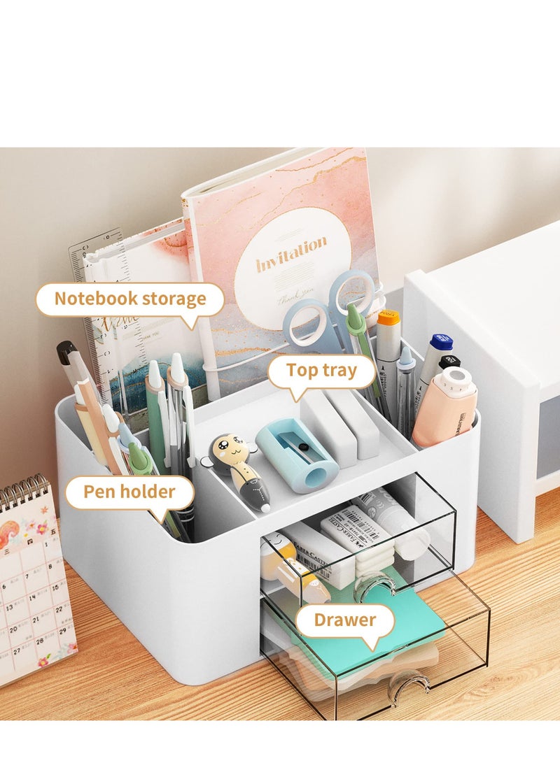 MIXDE Desk Organizer with Drawer, Multi-Functional Pen Pencil Holder Storage Box for Desk, Desk Organizers and Accessories with 5 Compartments + 2 Drawer for Office Art Supplies - Image 3