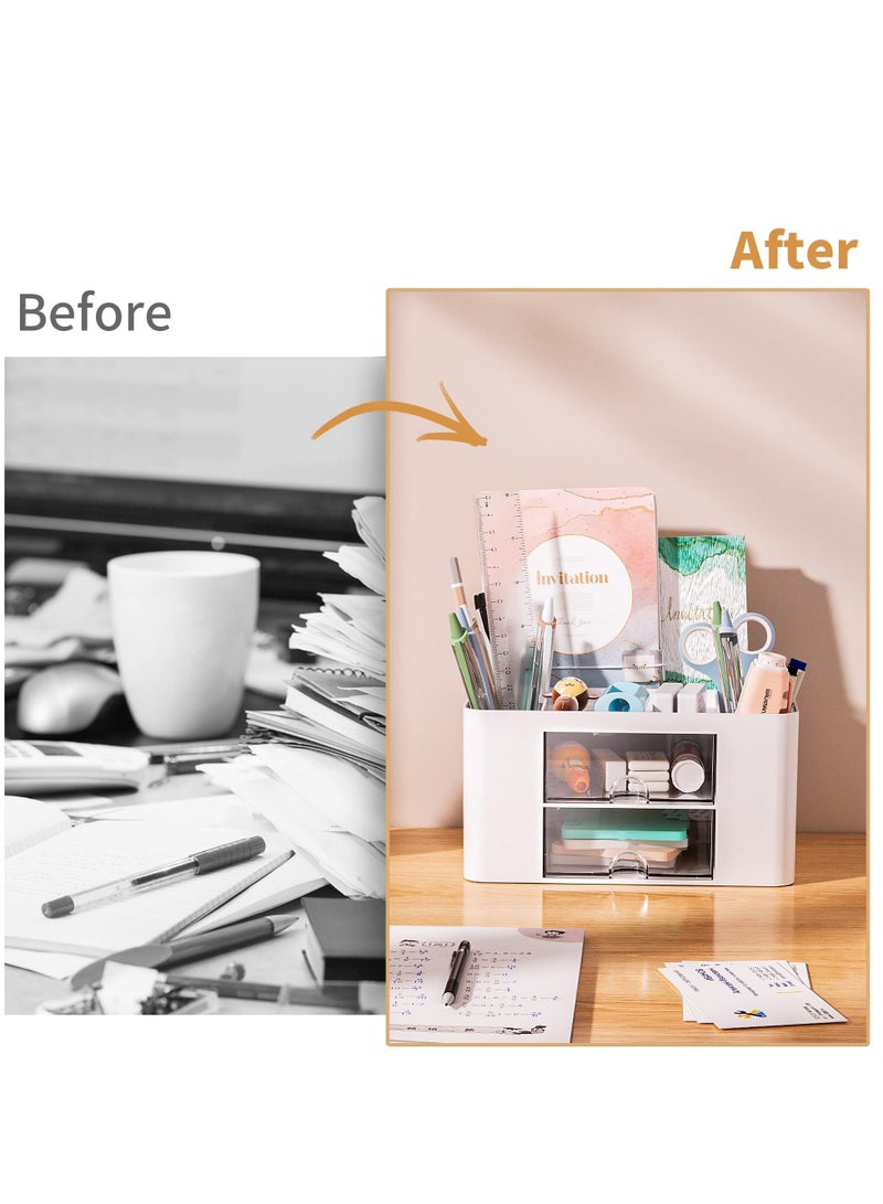MIXDE Desk Organizer with Drawer, Multi-Functional Pen Pencil Holder Storage Box for Desk, Desk Organizers and Accessories with 5 Compartments + 2 Drawer for Office Art Supplies - Image 5