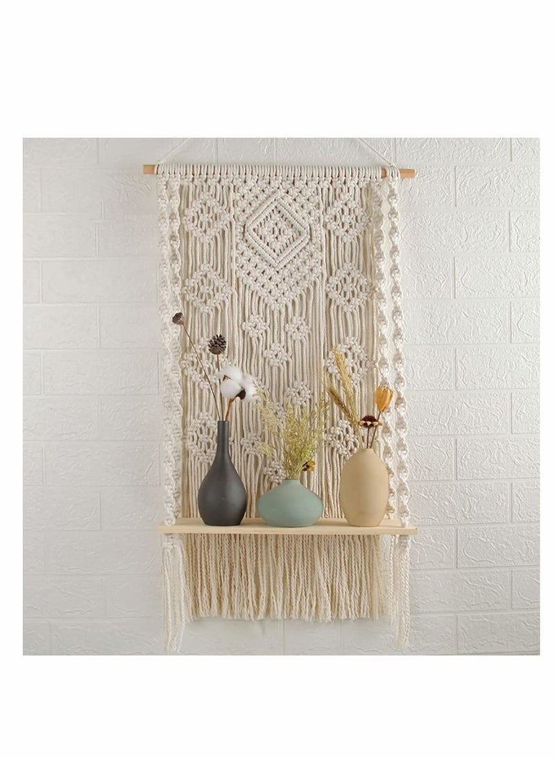 Macrame Wall Hanging Shelf, Shelf Woven Home Organizer Decor, White Handmade Wood Boho Rope Plant Pot Basket Hanger Holder, Cotton for Decor  - Image 2