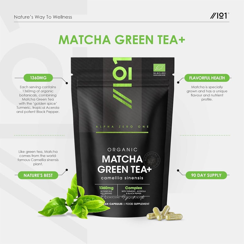 ALPHA01 Organic Matcha Green Tea Extract 1360mg 90 Vegan Capsules Boosted with Turmeric Acerola Black Pepper Resealable and Recyclable Pouch by Alpha01 - Image 2
